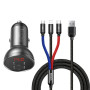 Автомобільний зарядний пристрій Baseus Digital Display Dual USB 4.8A Car Charger 24W with Three Primary Colors 3-in-1 Cable USB grey/black