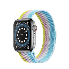 Металлический ремешок Milanese loop для часов Apple Watch rainbow blue yellow