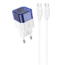 Сетевое зарядное устройство Hoco C125A Transparent 1C PD20W + Cabel Type-C to Type-C blue