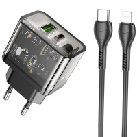 Сетевое зарядное устройство Hoco N34 Dazzling PD20W+QC3.0 + Cabel Type-C to Lightning black