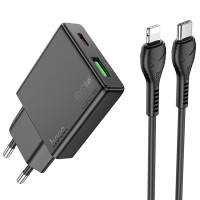 Сетевое зарядное устройство Hoco N38 Delgado PD20W+QC3.0 Type-C+USB + Cabel Type-C to Lightning black