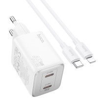 Мережевий зарядний пристрій Hoco Hoco N42 Elogiado 2C PD45W 2Type-C + Cabel Type-C to Lightning white